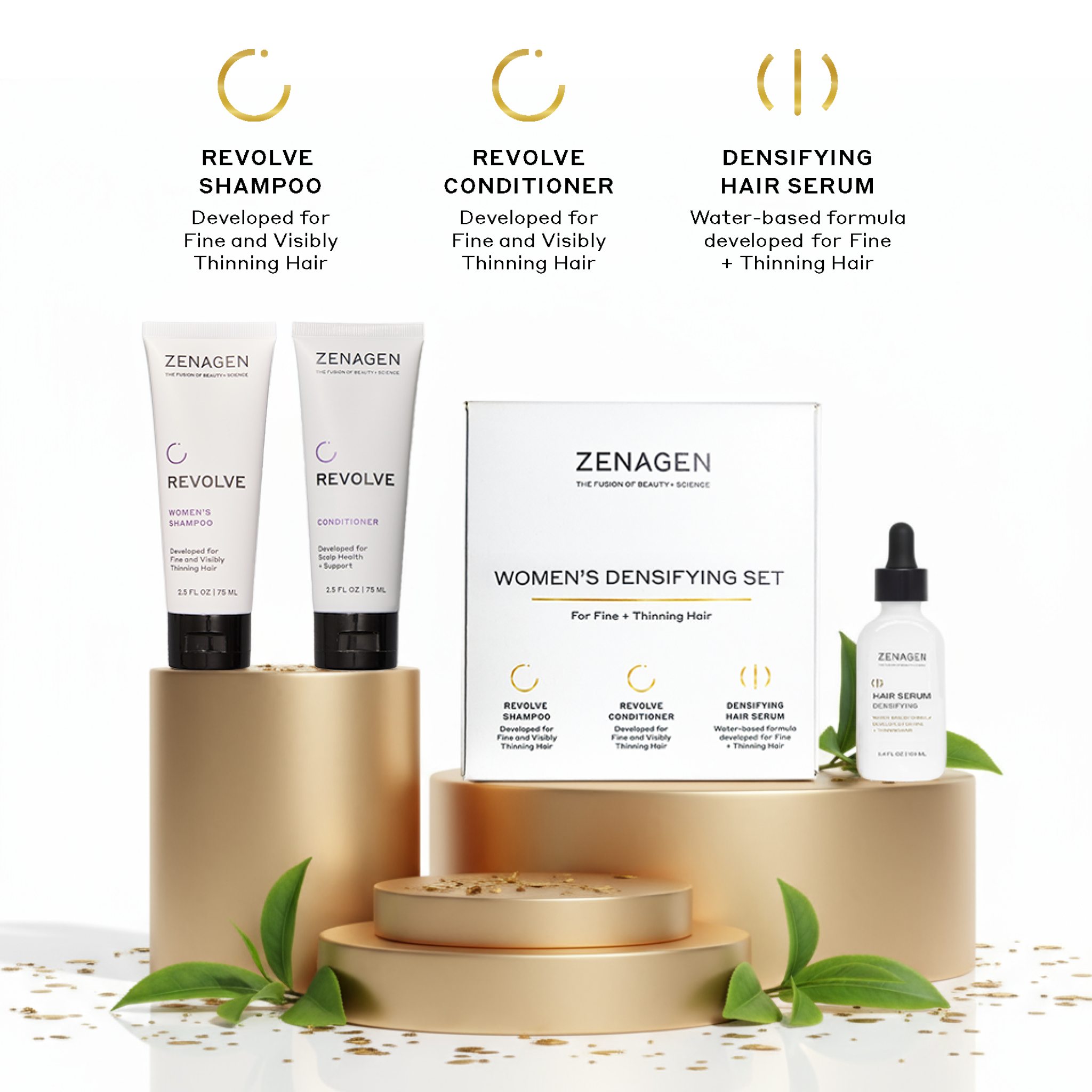 Zenagen Women’s Set Holiday gift set featuring Zenagen hair care products arranged together.