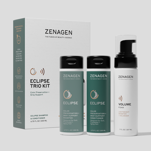 Zenagen Eclipse Trio Kit featuring Color Preservation and Gray Support Shampoo, Conditioner, and Volume Foam for dull, processed, and aging hair.