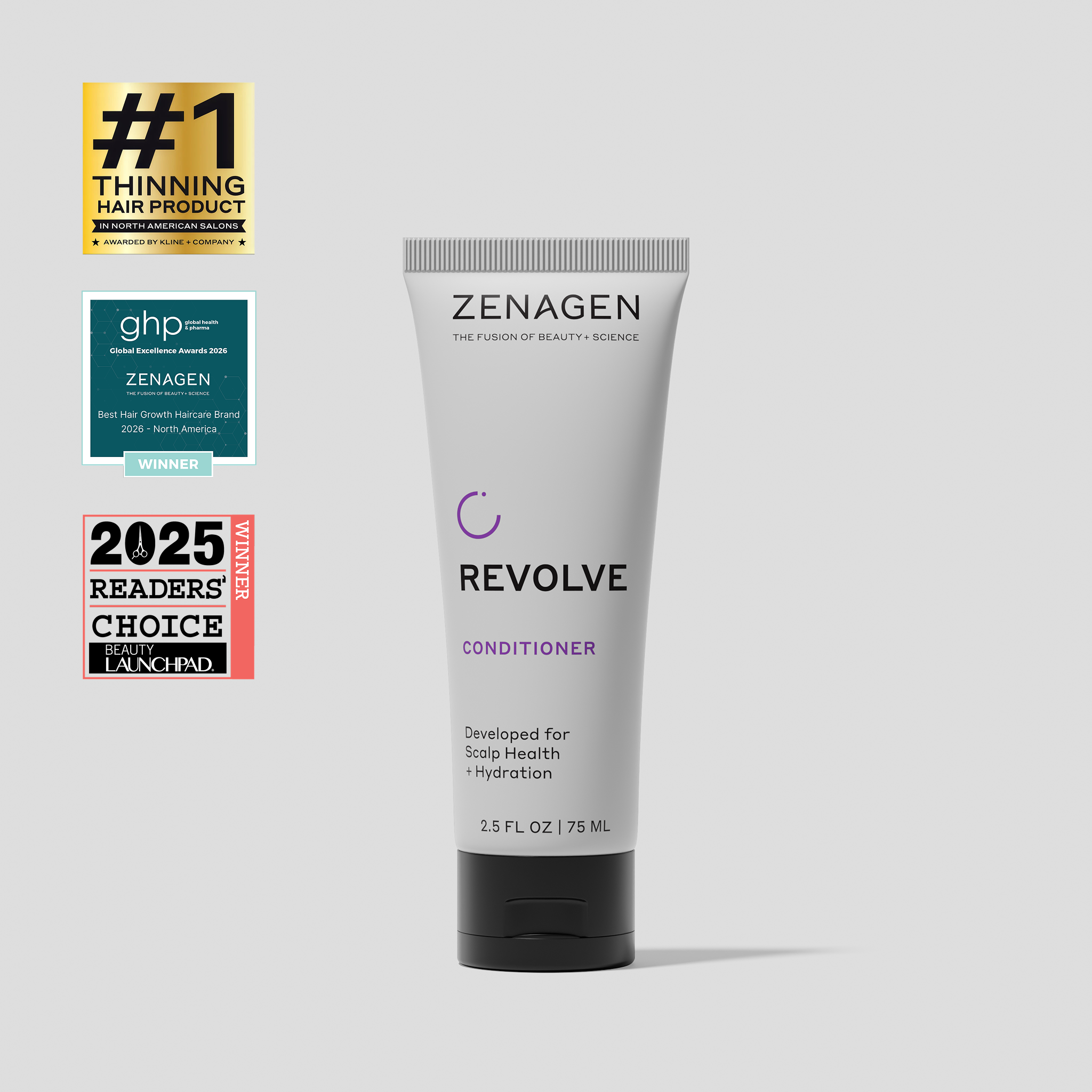 Zenagen Revolve Conditioner travel size formulated to help hydrate hair and support a healthy-looking scalp appearance.