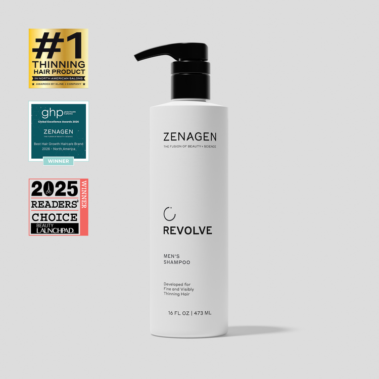 Zenagen Revolve Men's Shampoo developed for fine and visibly thinning hair, gently cleansing while supporting fuller-looking hair.