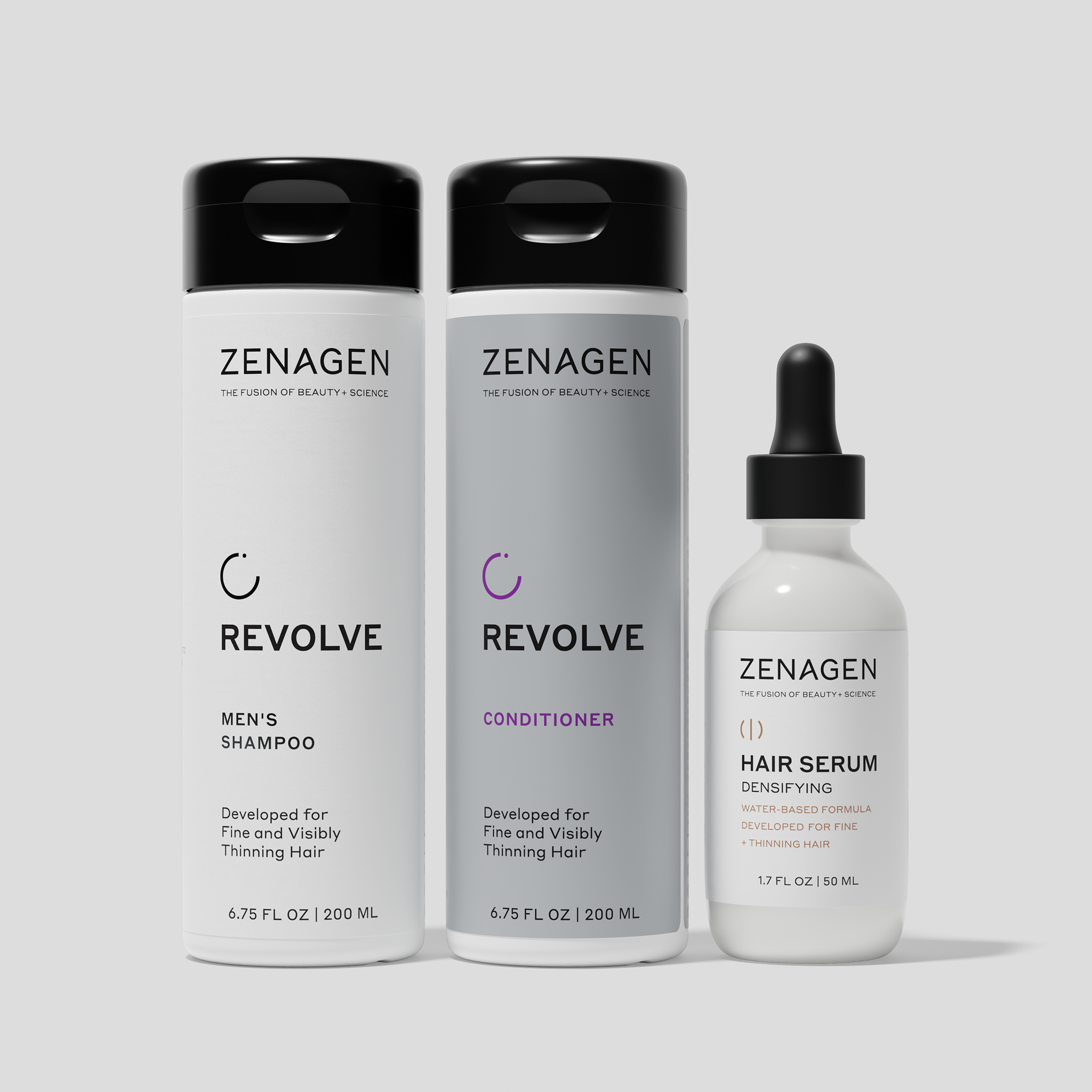Three Zenagen hair care products on a white background