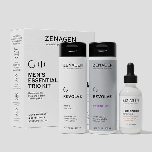 Zenagen Men’s Essential Trio Kit featuring Revolve Men’s Shampoo, Revolve Conditioner, Densifying Hair Serum, and styling essentials for fine and visibly thinning hair.