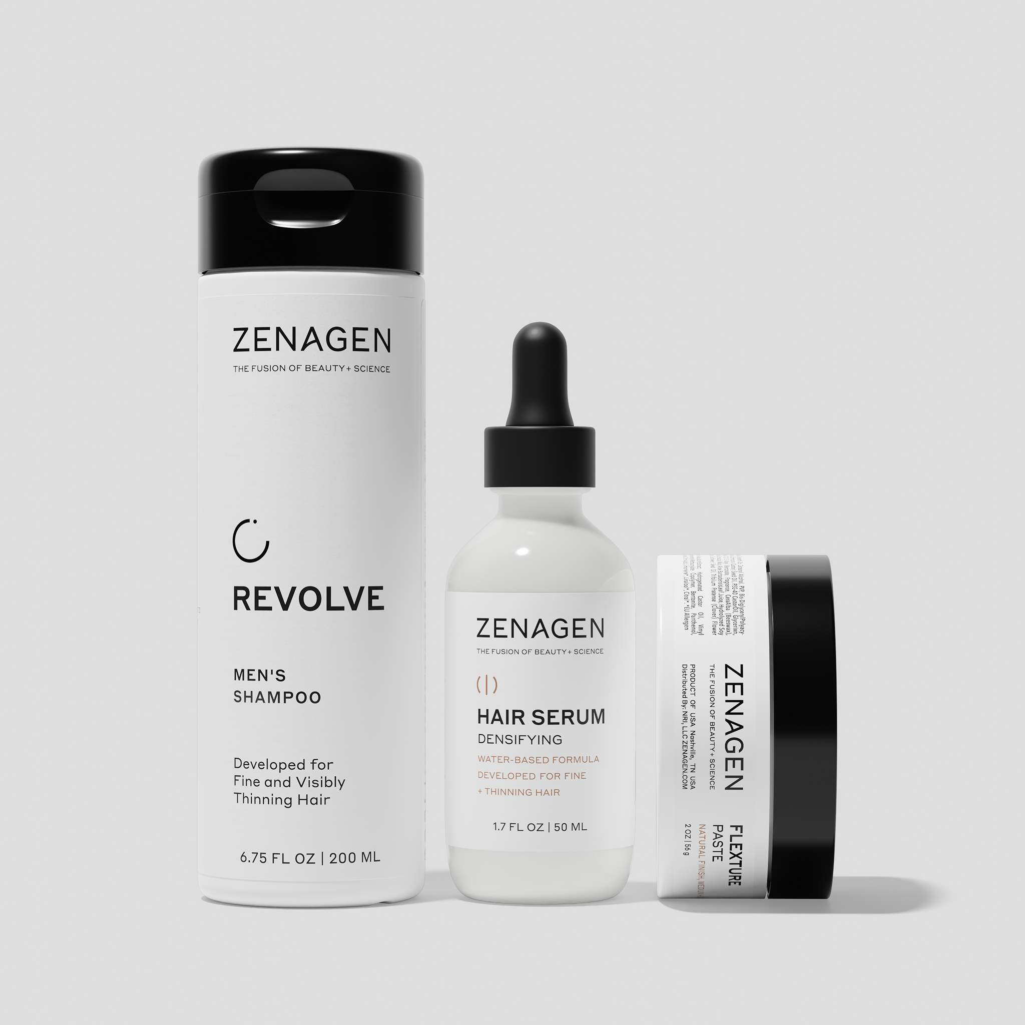 Zenagen Men’s Trio Kit featuring Revolve Men’s Shampoo, Densifying Hair Serum, and styling paste for fine and visibly thinning hair.