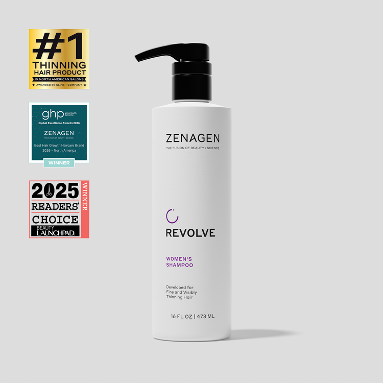 Zenagen Revolve Women's Shampoo developed for fine and visibly thinning hair, gently cleansing while helping hair appear fuller and healthier-looking.