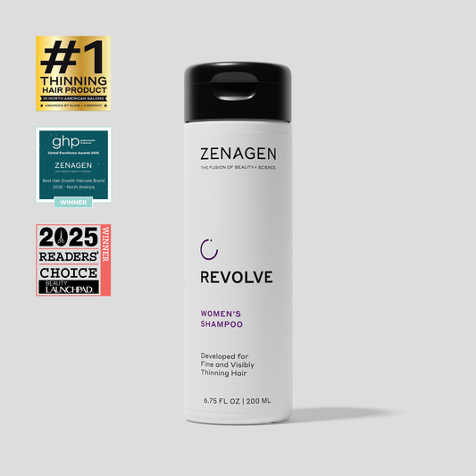 Zenagen Revolve Women's Shampoo for fine and visibly thinning hair designed to cleanse while supporting hair manageability and appearance.