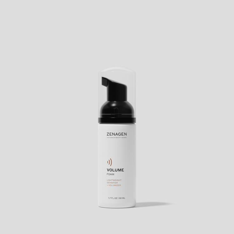 Zenagen Volume Foam lightweight densifying and volumizing foam designed to add body and enhance fuller-looking hairstyles.
