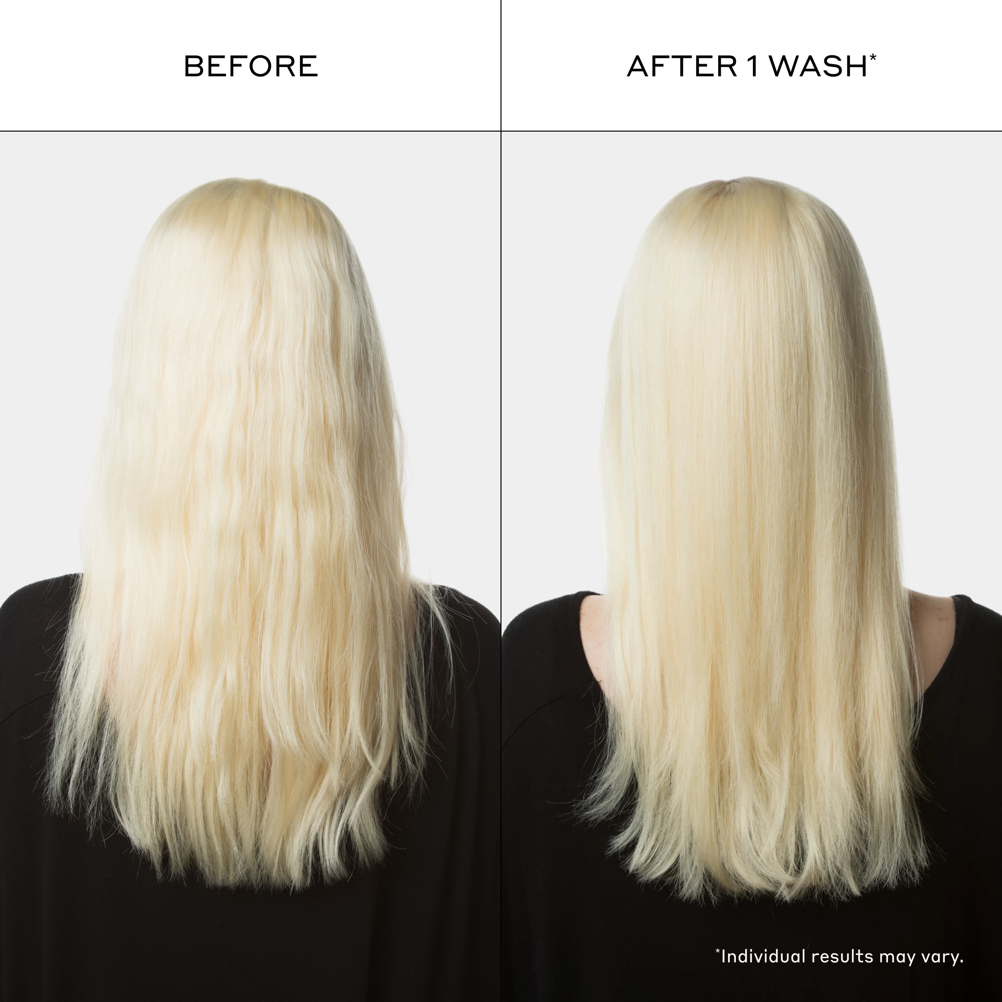 Before and after comparison of blonde hair with a wash, showing improved texture and volume.