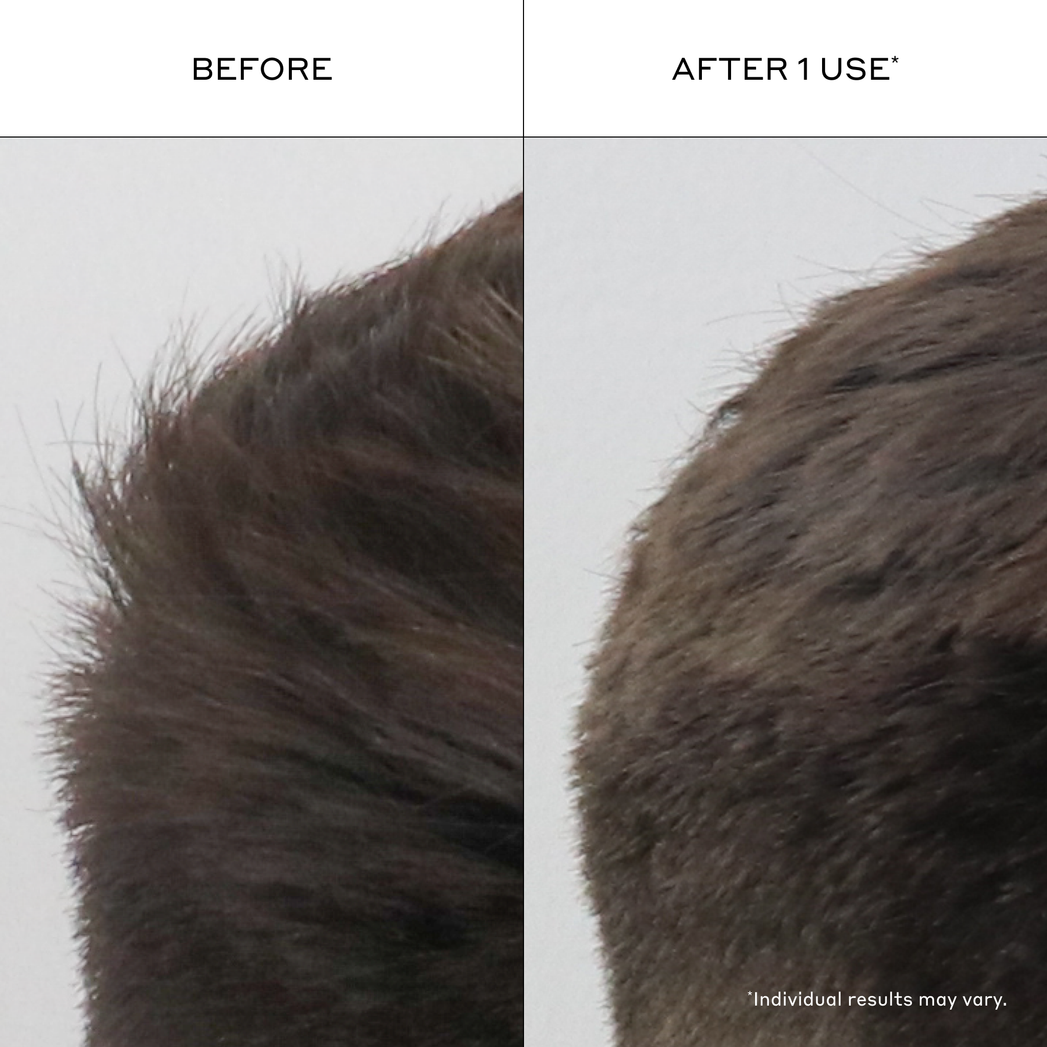 A split-screen before-and-after comparison showing the texture and volume of dark brown hair, with 'BEFORE' on the left and 'AFTER 1 USE*' on the right.