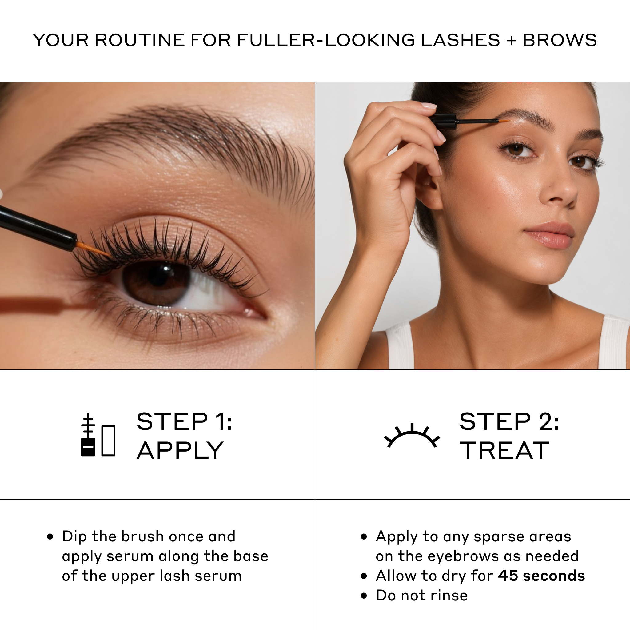 Instructional graphic for an eyebrow and eyelash routine, showing a close-up of an eye with mascara being applied and a woman applying brow product. Text reads 'YOUR ROUTINE FOR FULLER-LOOKING LASHES + BROWS' and includes step-by-step application instructions.