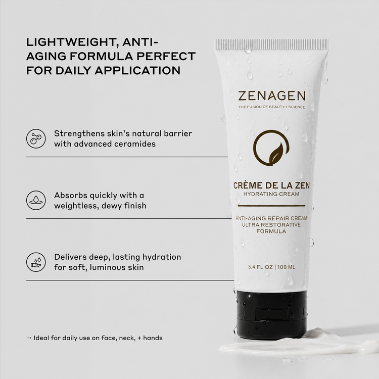 Zenagen Crème de la Zen Hydrating Cream in a white squeeze tube with a black cap, shown on a light gray background with marketing text on the left.