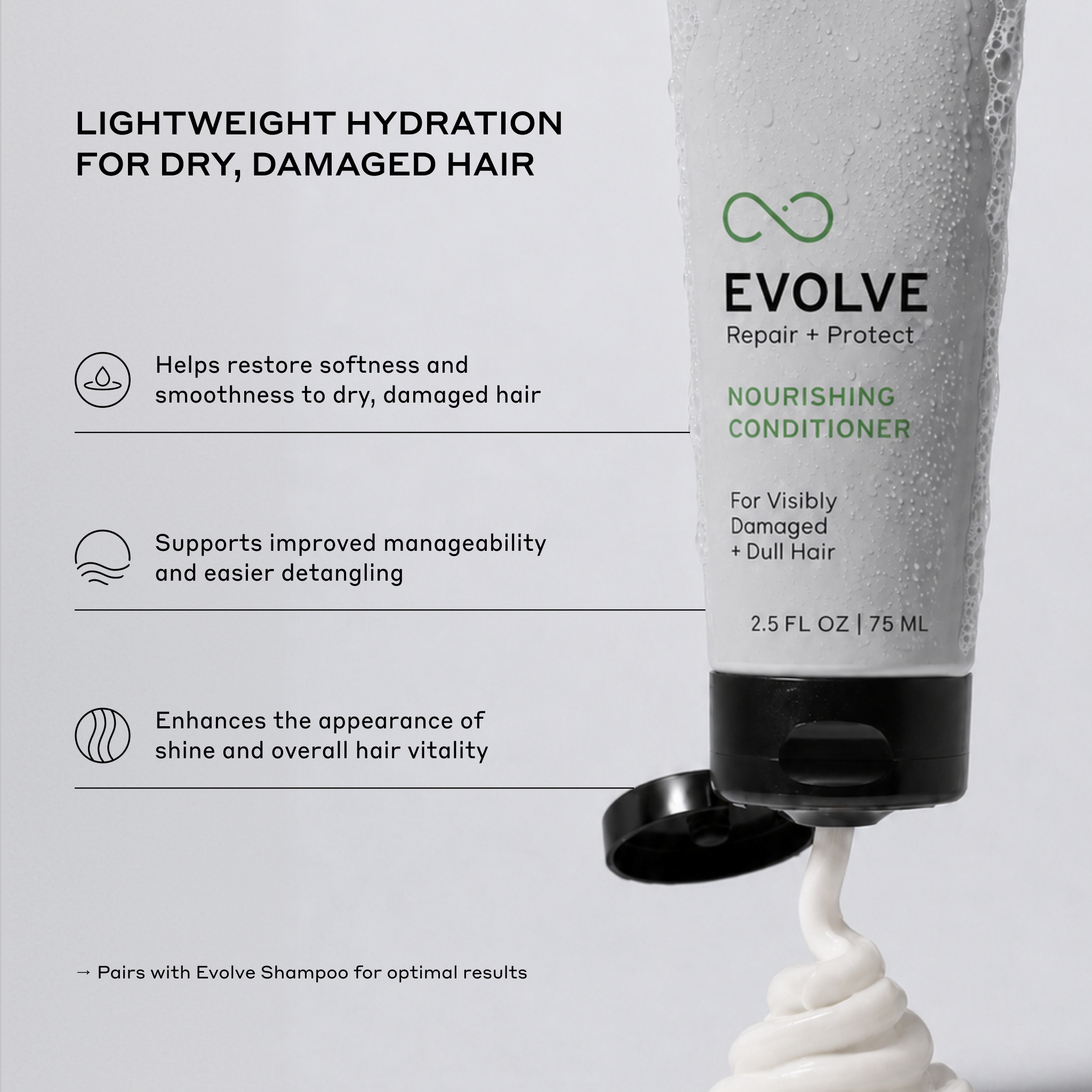 Evolve Nourishing Conditioner bottle with text on a light gray background