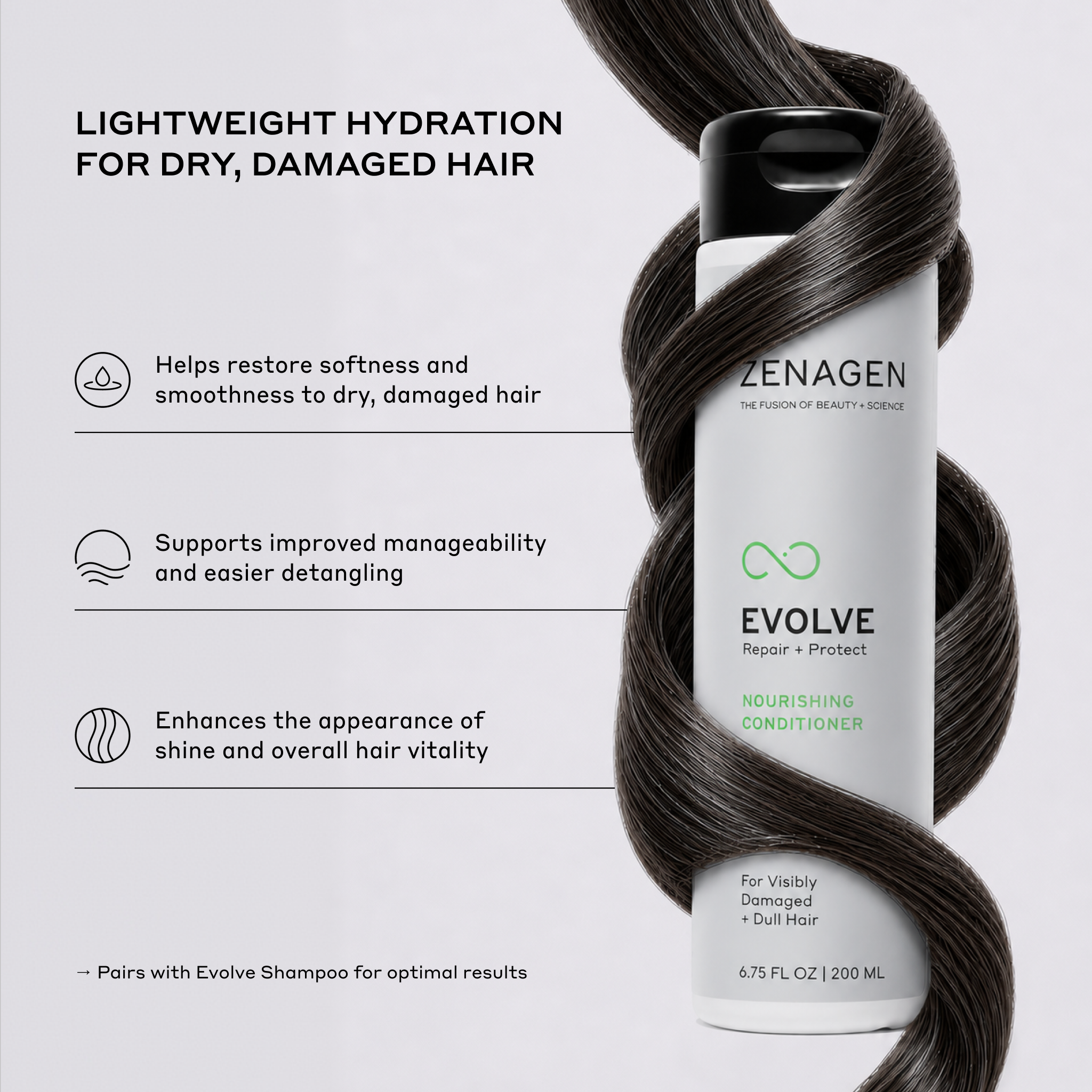 Zenagen Evolve Nourishing Conditioner bottle with text on a gray background