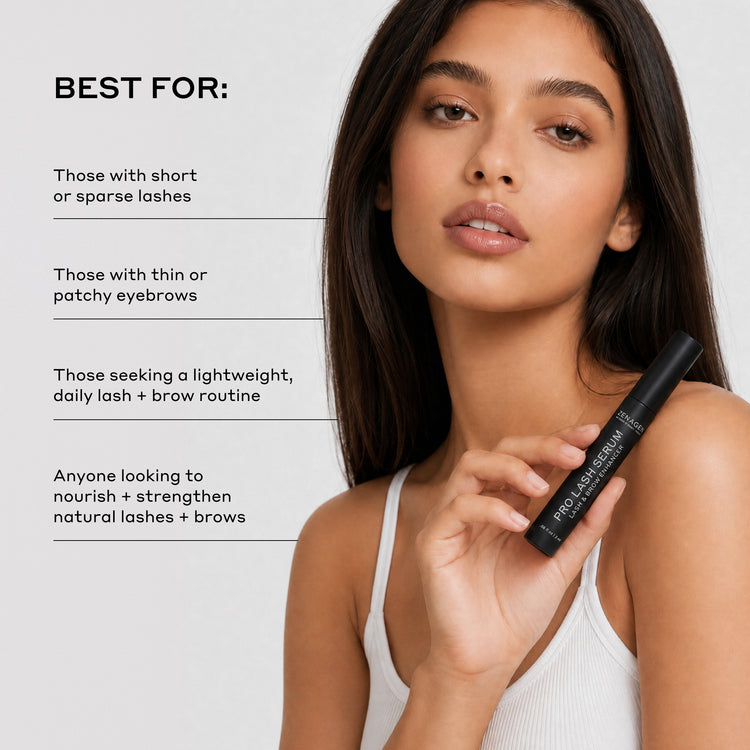 A woman holding a black brow and lash serum tube next to text on a light gray background that reads 'BEST FOR:' followed by four bullet points about short or sparse lashes, thin or patchy eyebrows, a lightweight daily lash and brow routine, and nourishing natural lashes and brows.