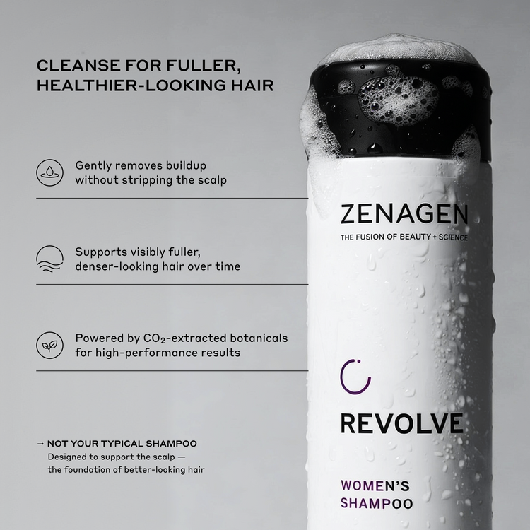 Zenagen Revolve Women's Shampoo bottle with text on a gray background