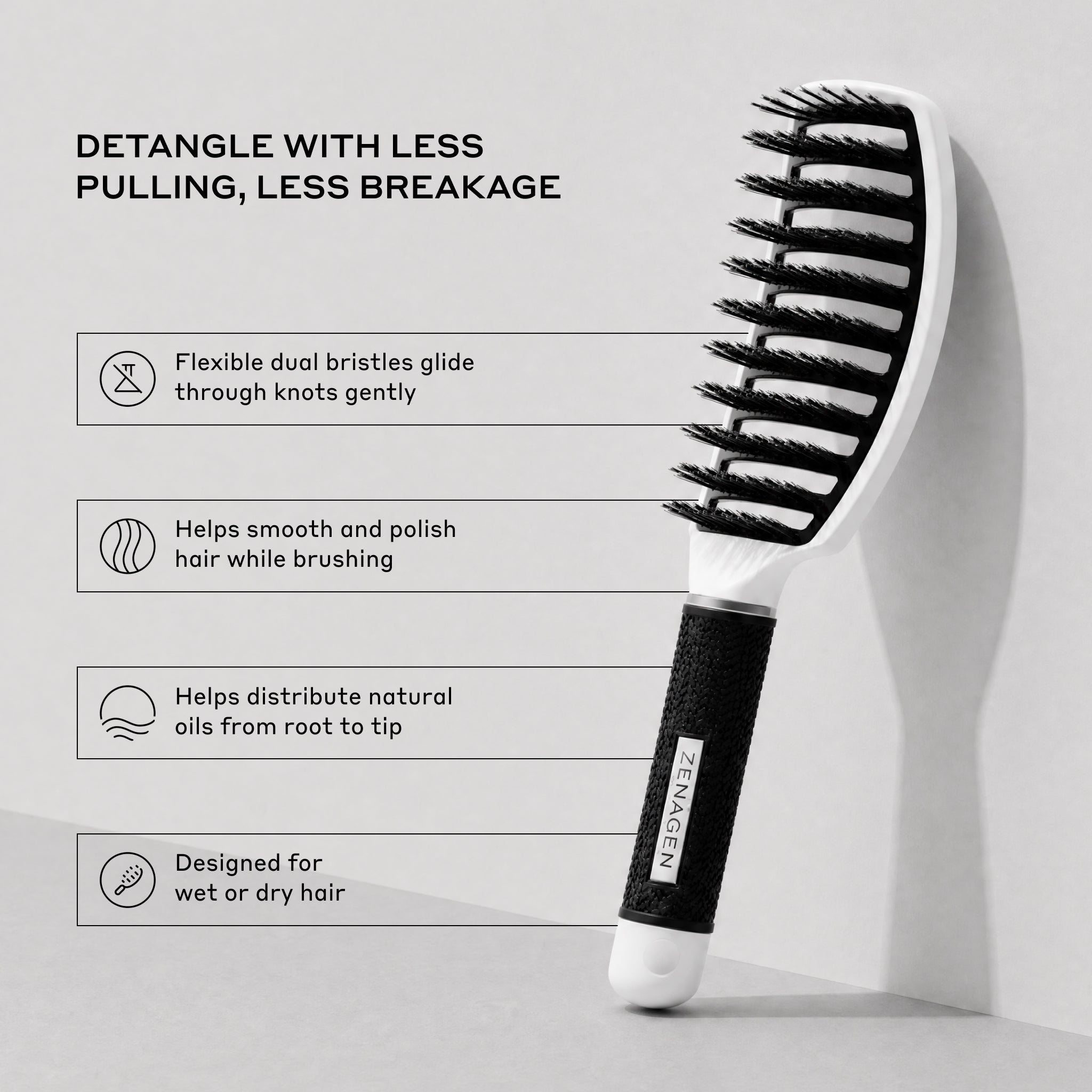 Zenagen Zen Brush White product benefits graphic featuring the brush and key styling benefits.