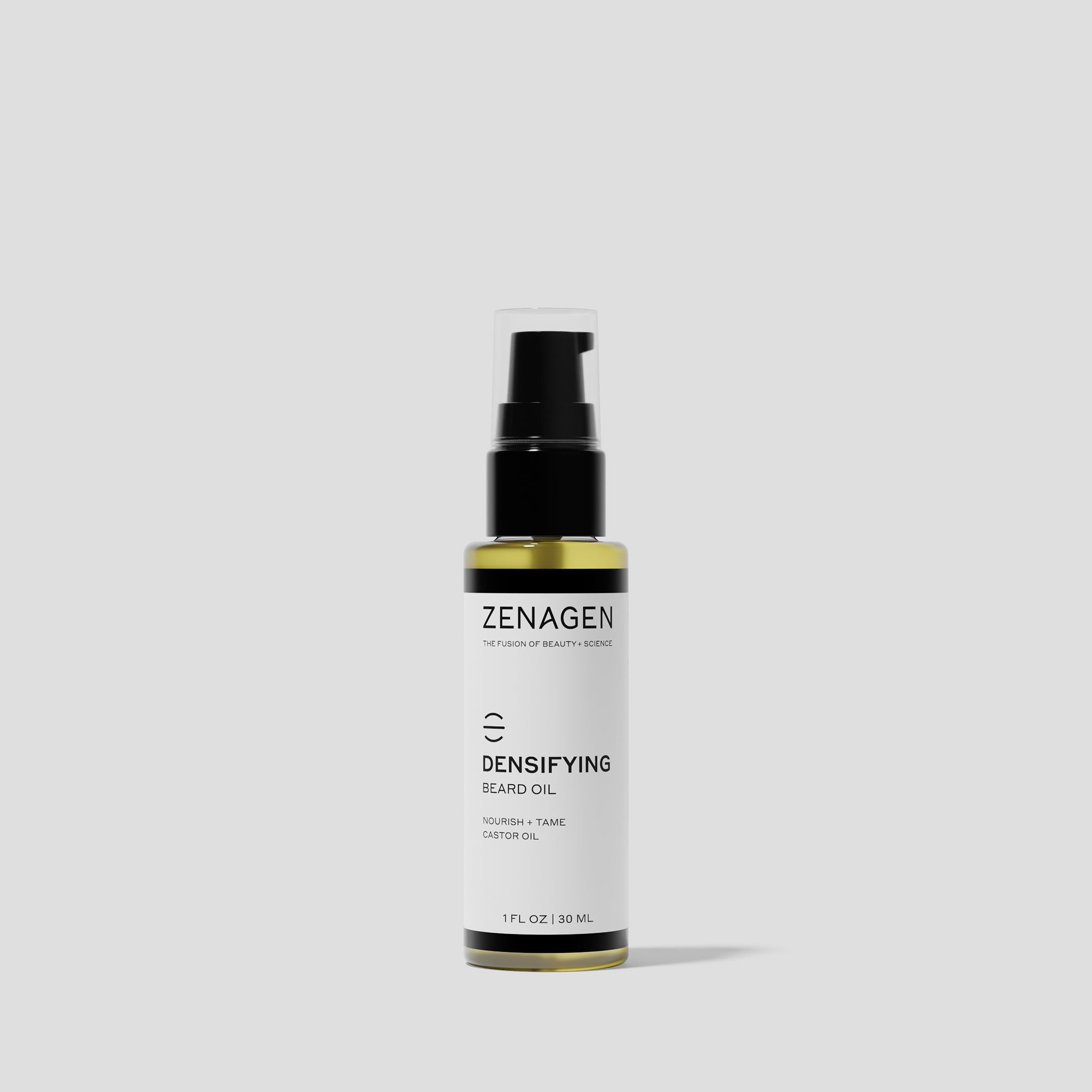 Zenagen Densifying Beard Oil featuring castor oil to help condition, soften, and tame beard hair while enhancing appearance and manageability.