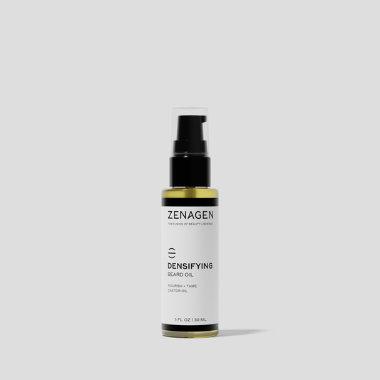 Zenagen Densifying Beard Oil featuring castor oil to help condition, soften, and tame beard hair while enhancing appearance and manageability.