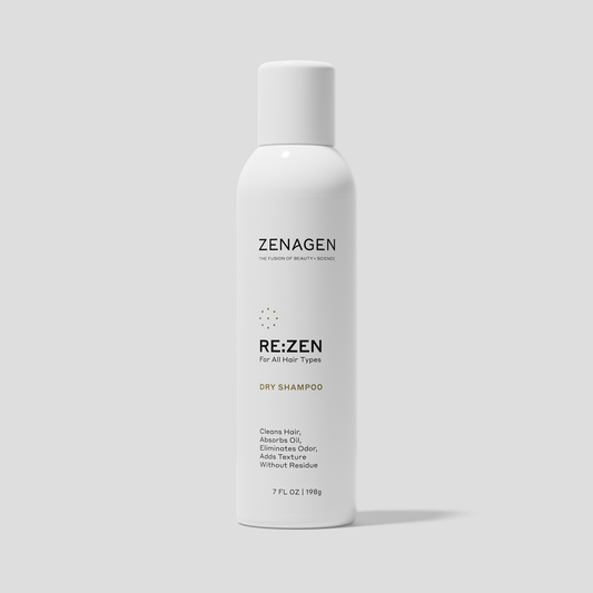 Zenagen RE:ZEN Dry Shampoo for all hair types, designed to absorb excess oil, refresh hair between washes, and add lightweight texture.