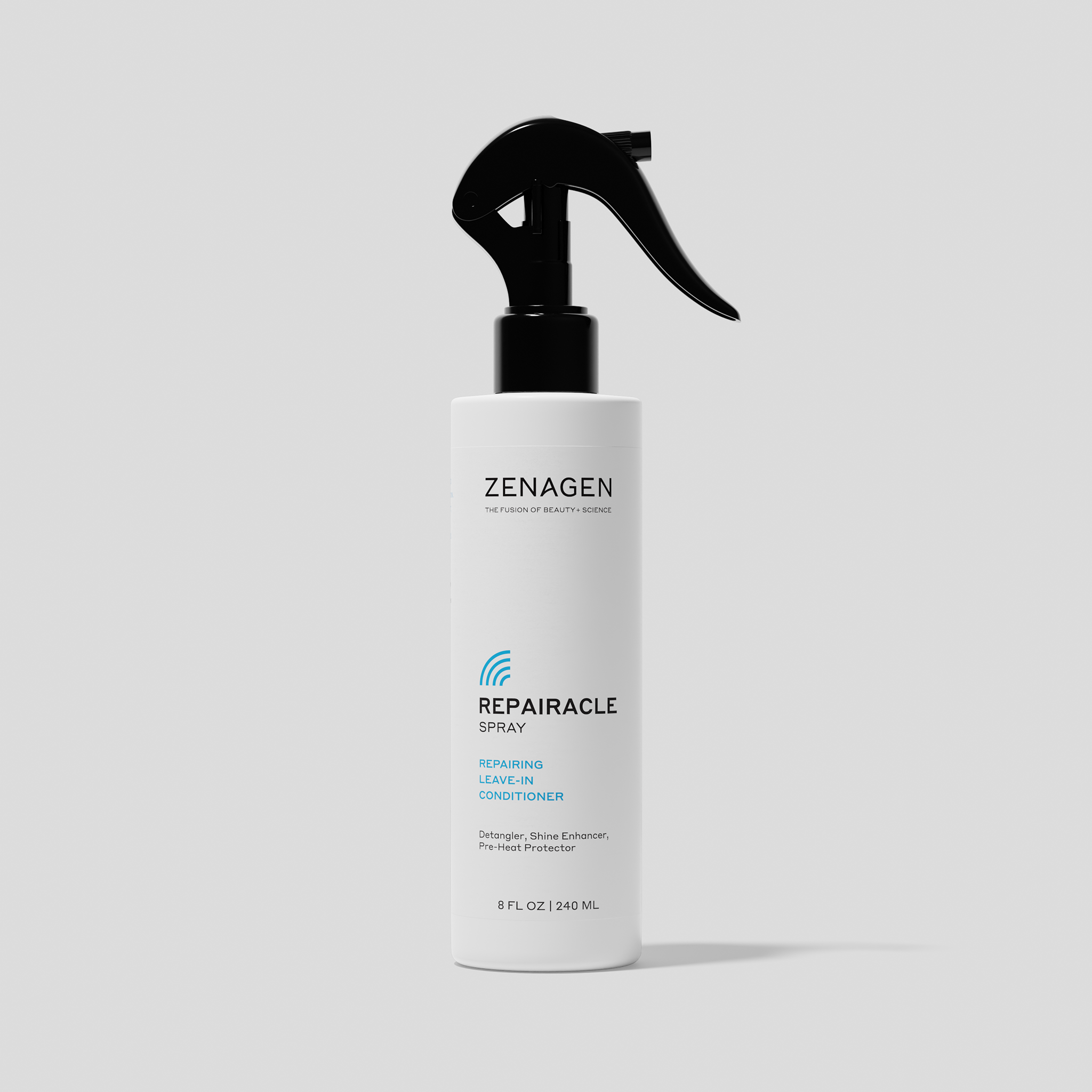 Zenagen Repairacle Spray leave-in conditioner featuring a lightweight formula that helps detangle hair, enhance shine, and improve manageability.