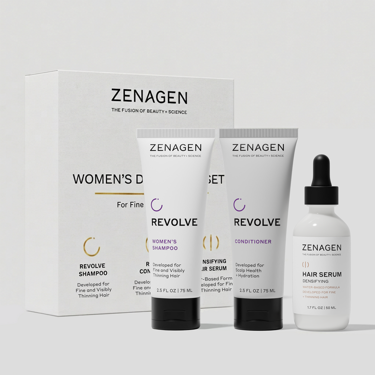 Zenagen Women’s Densifying Hair Care System featuring Revolve Women’s Shampoo, Conditioner, and Densifying Hair Serum for fine and visibly thinning hair.