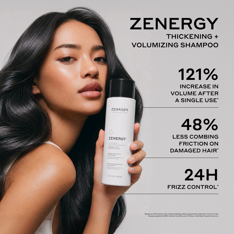 Zenagen Zenergy Thickening and Volumizing Shampoo for fine and thinning hair, providing instant volume, fuller-looking hair, frizz control, and lightweight body.