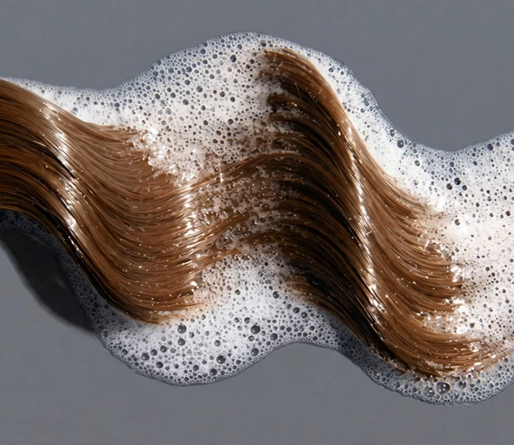 Healthy hair strands surrounded by cleansing foam, illustrating gentle cleansing, scalp refreshment, and residue removal.