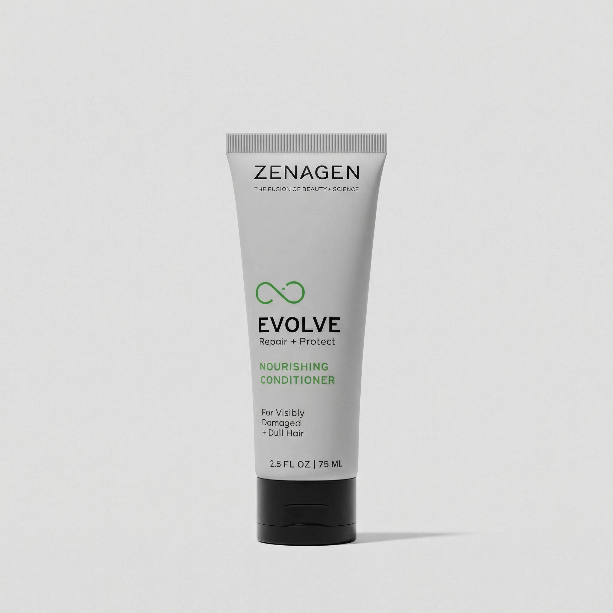 Zenagen Evolve Nourishing Conditioner travel size formulated for visibly damaged and dull hair.