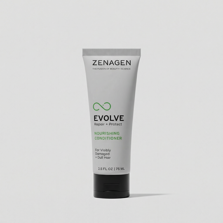 Zenagen Evolve Nourishing Conditioner travel size formulated for visibly damaged and dull hair.