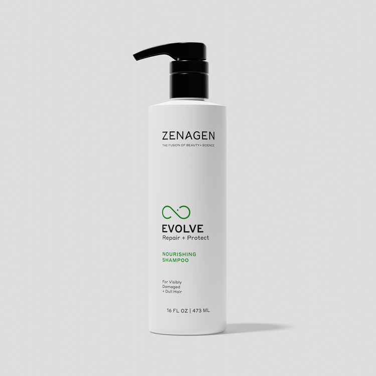 Zenagen Evolve Nourishing Shampoo for visibly damaged and dull hair, gently cleansing while helping restore softness and shine.