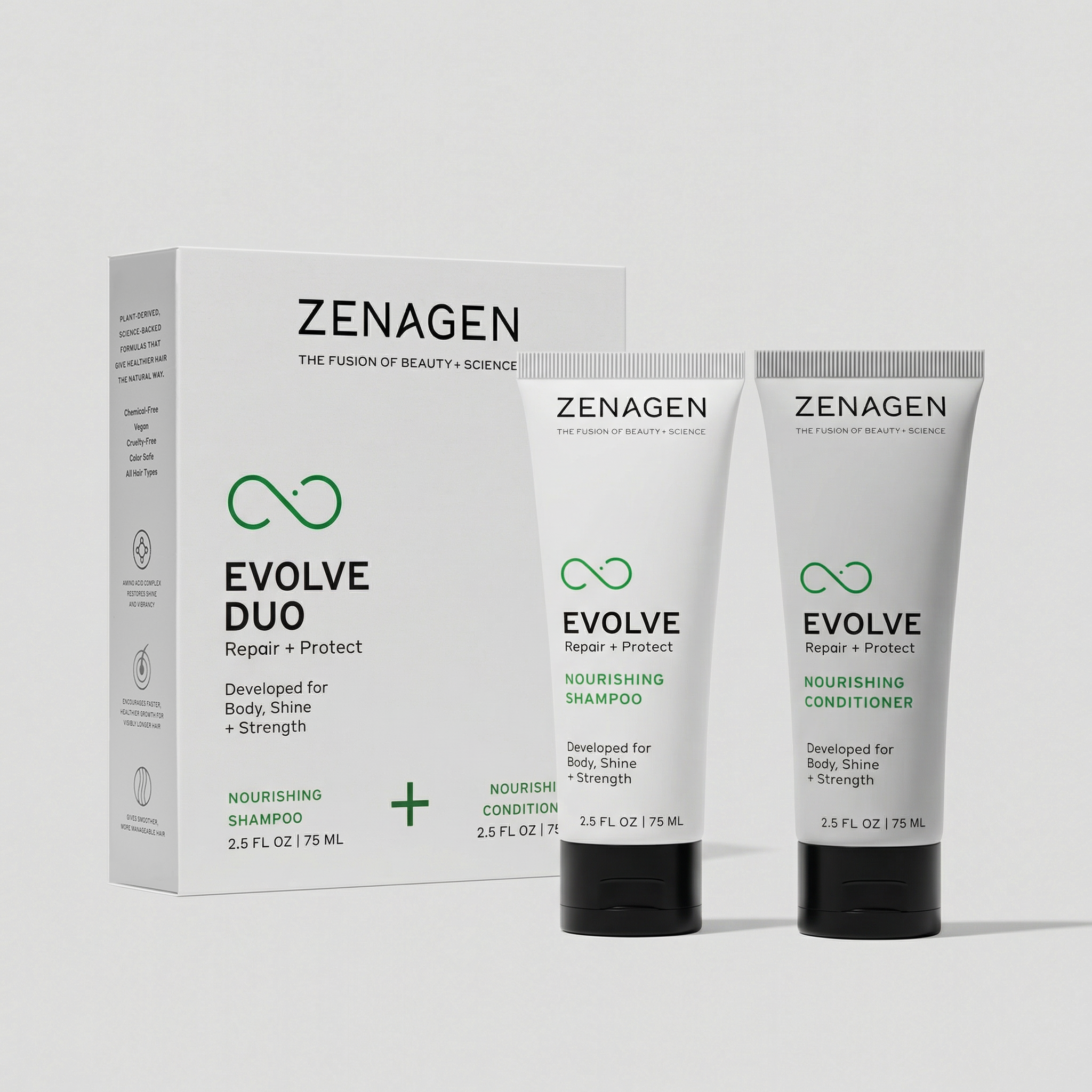 Zenagen Evolve Travel Duo featuring Nourishing Shampoo and Nourishing Conditioner for visibly damaged and dull hair.