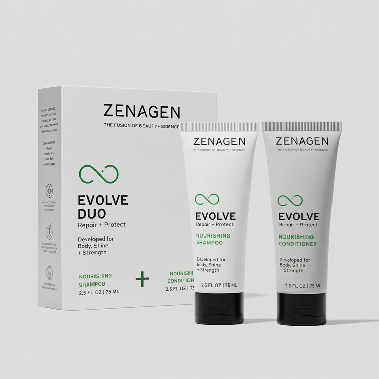 Zenagen Evolve Travel Duo featuring Nourishing Shampoo and Nourishing Conditioner for visibly damaged and dull hair.