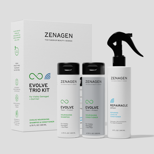 Zenagen Evolve Trio Kit featuring Nourishing Shampoo, Nourishing Conditioner, and Repairacle Leave-In Conditioner Spray for visibly damaged and dull hair.