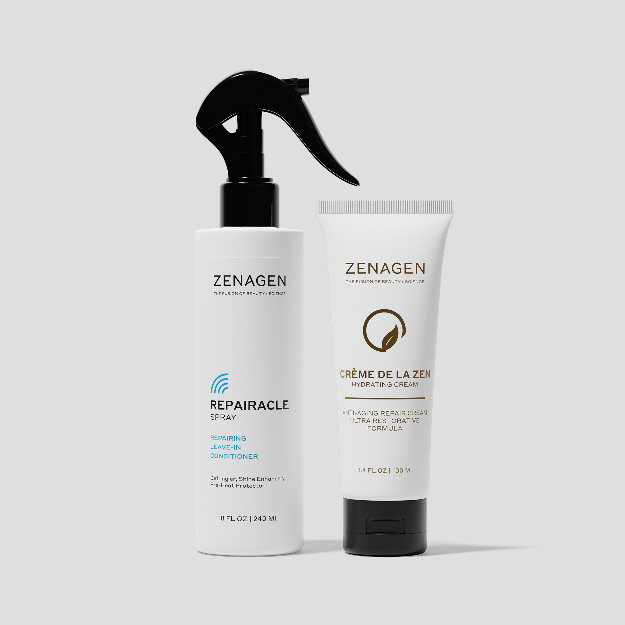 Two Zenagen hair care products on a light gray background