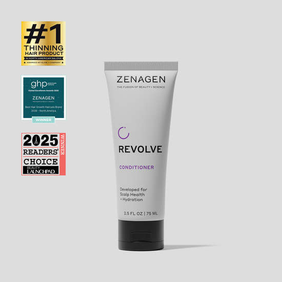Zenagen Revolve Conditioner travel size formulated to help hydrate hair and support a healthy-looking scalp appearance.