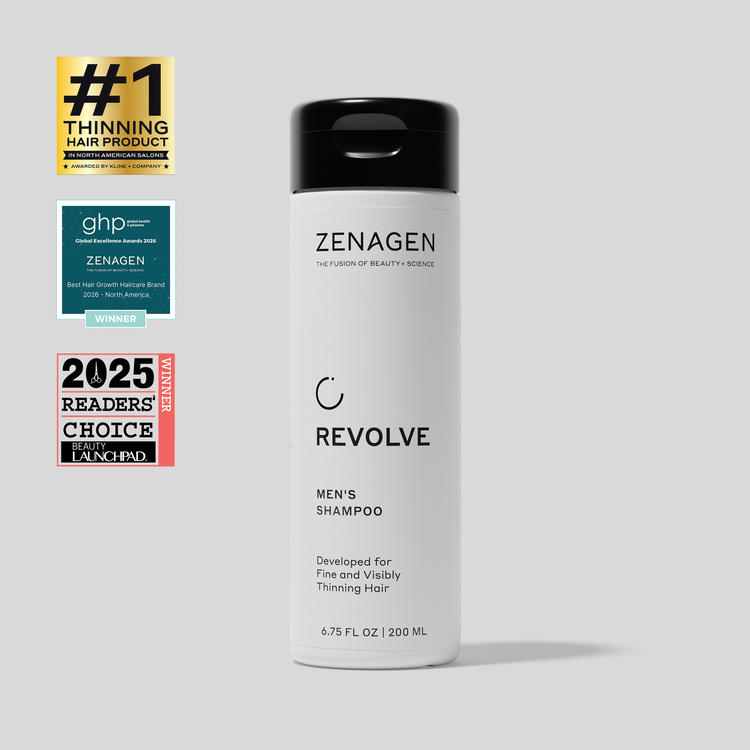 Zenagen Revolve Men's Shampoo for fine and visibly thinning hair with a gentle cleansing formula suitable for daily use.