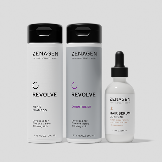 Three Zenagen hair care products on a white background