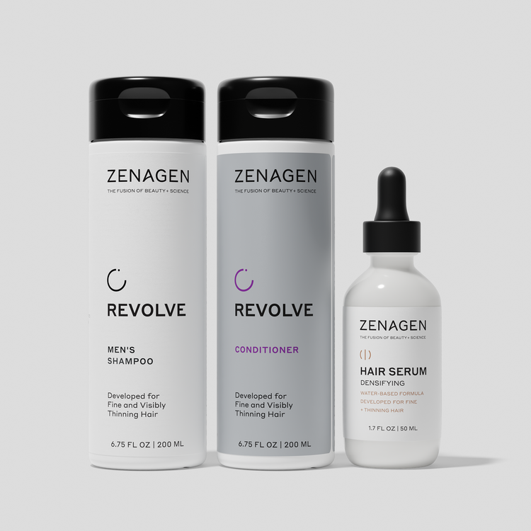 Three Zenagen hair care products on a white background