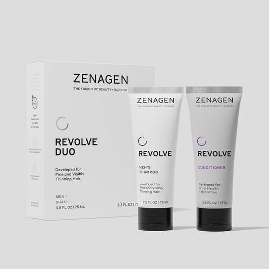 Zenagen Revolve Men's Travel Duo featuring Men's Shampoo and Conditioner travel sizes designed for fine and visibly thinning hair.