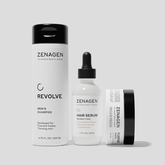 Zenagen Men’s Trio Kit featuring Revolve Men’s Shampoo, Densifying Hair Serum, and styling paste for fine and visibly thinning hair.