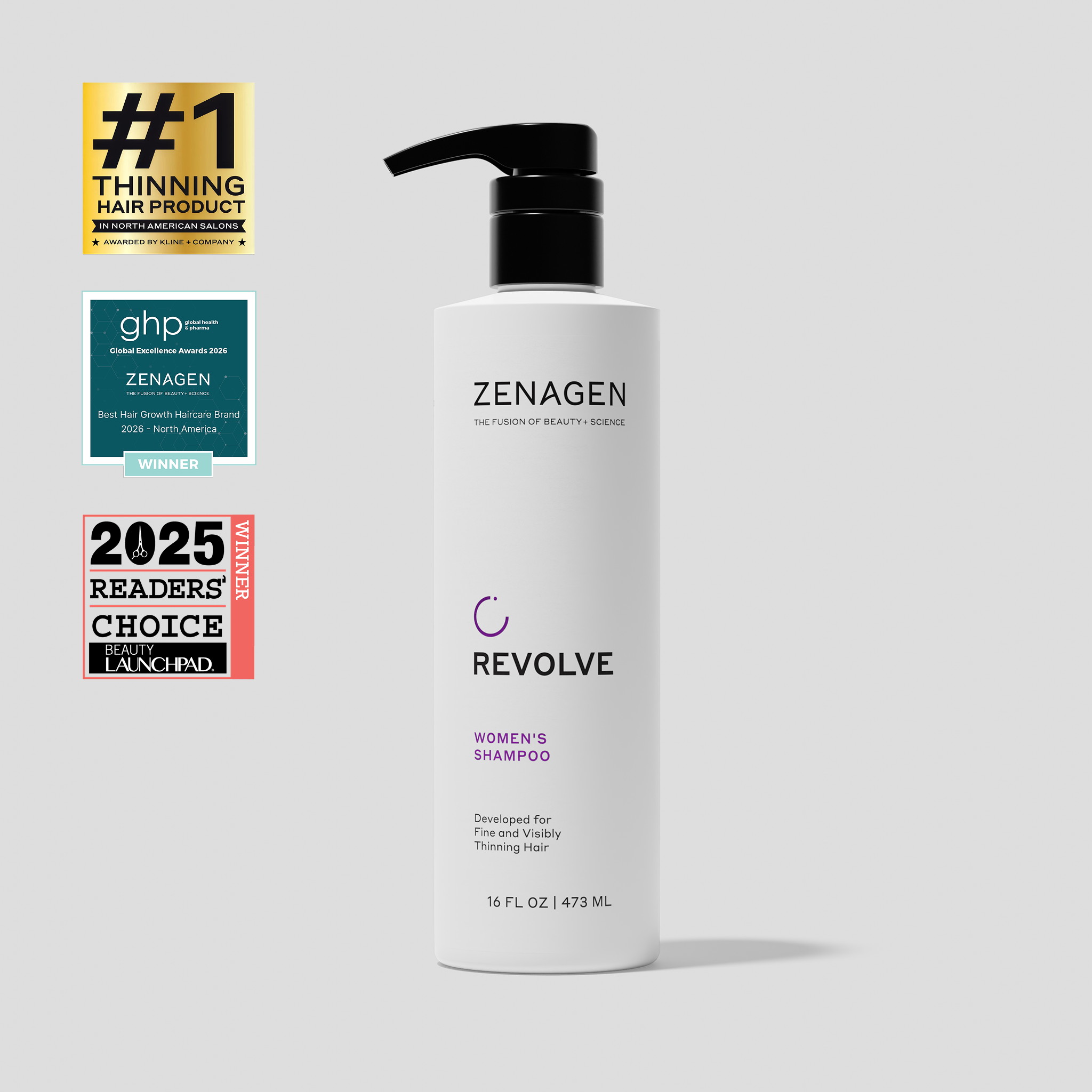Zenagen Revolve Women's Shampoo developed for fine and visibly thinning hair, gently cleansing while helping hair appear fuller and healthier-looking.