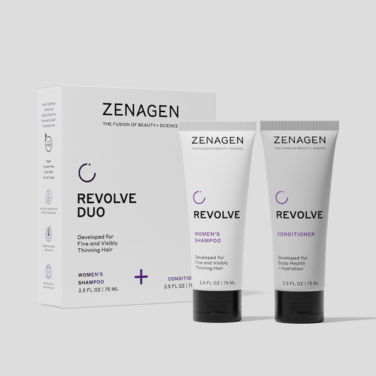 Zenagen Revolve Women's Travel Duo featuring Women's Shampoo and Conditioner travel sizes designed for fine and visibly thinning hair.