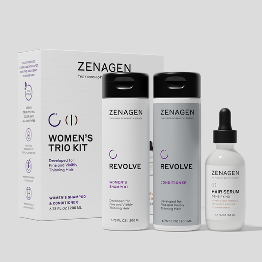 Zenagen Women’s Trio Kit featuring Revolve Women’s Shampoo, Revolve Conditioner, and Densifying Hair Serum for fine and visibly thinning hair.