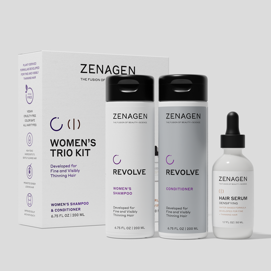 Zenagen Women’s Trio Kit featuring Revolve Women’s Shampoo, Revolve Conditioner, and Densifying Hair Serum for fine and visibly thinning hair.