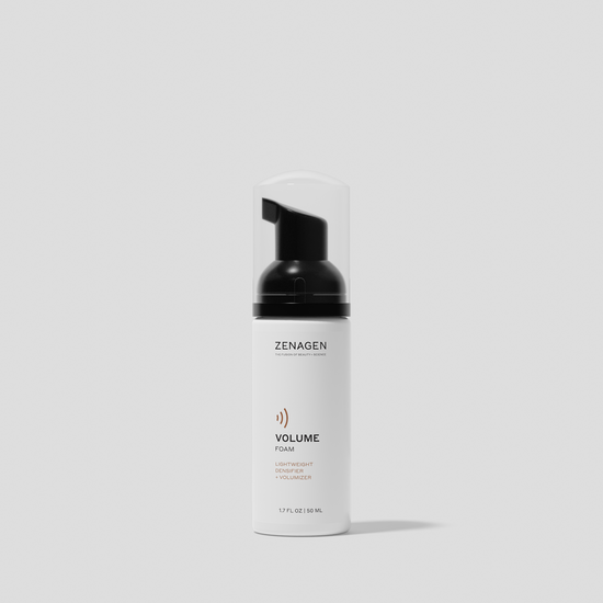 Zenagen Volume Foam lightweight densifying and volumizing foam designed to add body and enhance fuller-looking hairstyles.