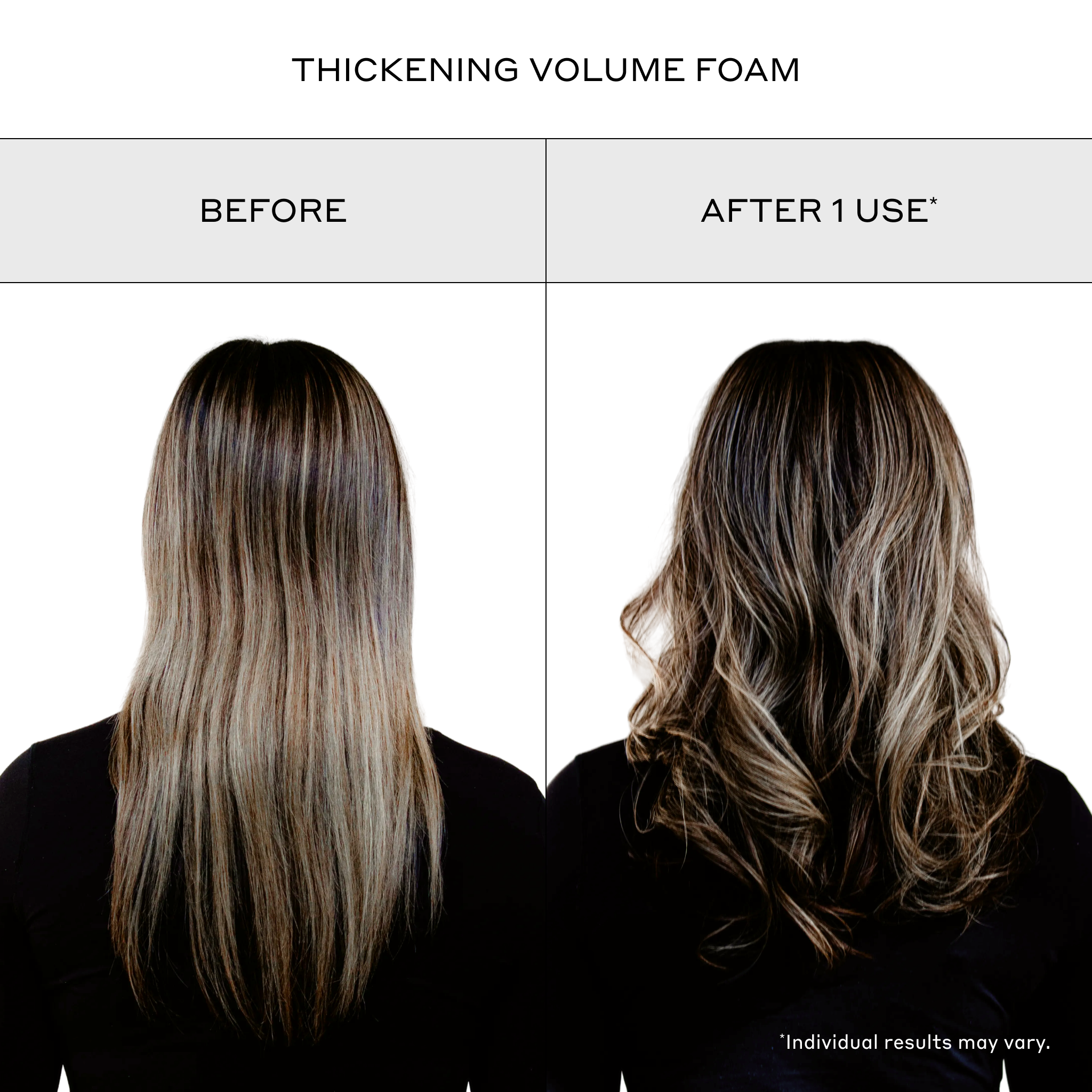 Before and after comparison of a person's hair showing the effect of thickening volume foam. The left side labeled 'BEFORE' shows straight, medium-length brown-to-blonde hair, and the right side labeled 'AFTER 1 USE*' shows wavy, voluminous hair.