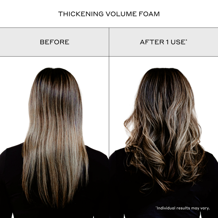Before and after comparison of a person's hair showing the effect of thickening volume foam. The left side labeled 'BEFORE' shows straight, medium-length brown-to-blonde hair, and the right side labeled 'AFTER 1 USE*' shows wavy, voluminous hair.