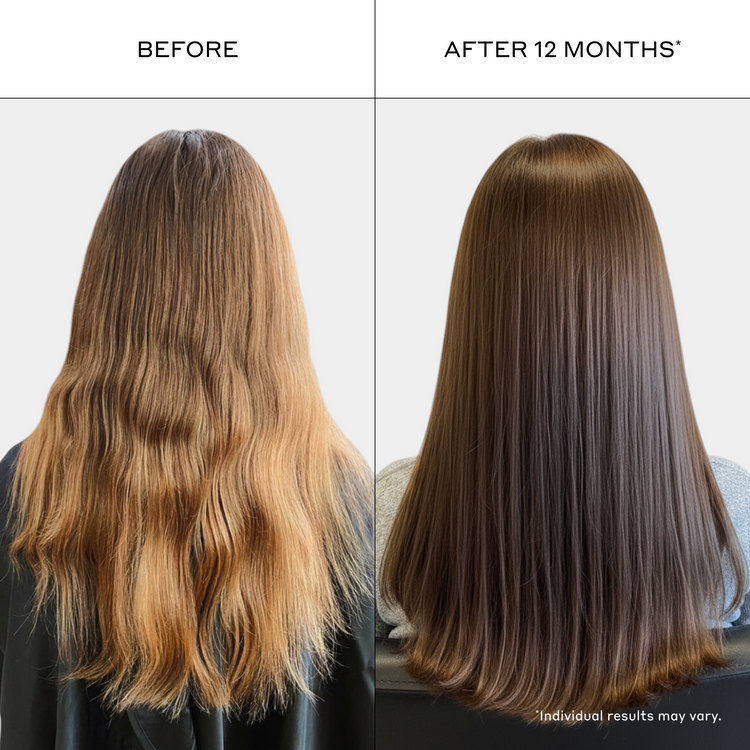 Before and after comparison of hair treatment showing a person with long, wavy hair on the left and straightened hair on the right.