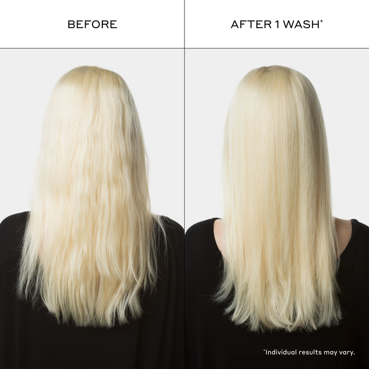 Before and after comparison of blonde hair with a wash, showing improved texture and volume.