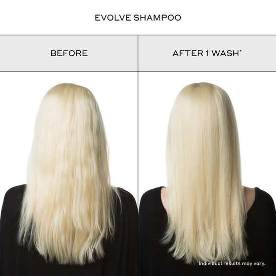 Before and after comparison of blonde hair with Evolve Shampoo