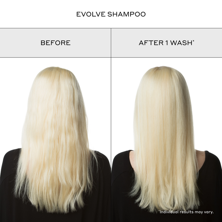 Before and after comparison of blonde hair with Evolve Shampoo